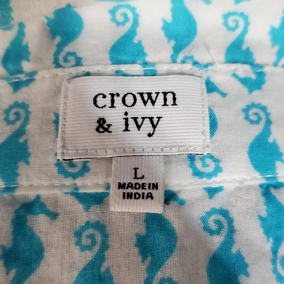 Crown & Ivy Turquoise Seahorse Long Sleeve Button Down Shirt Cotton Size L - Picture 6 of 7